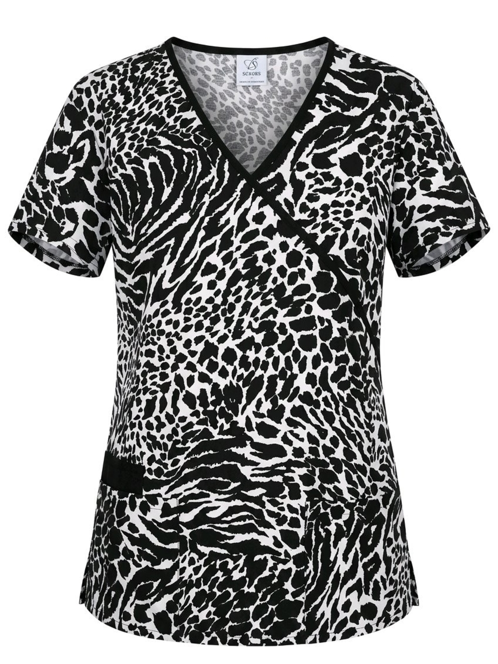 B Scrubs Women's Black & White Animal Print V-Neck Scrub Top #573